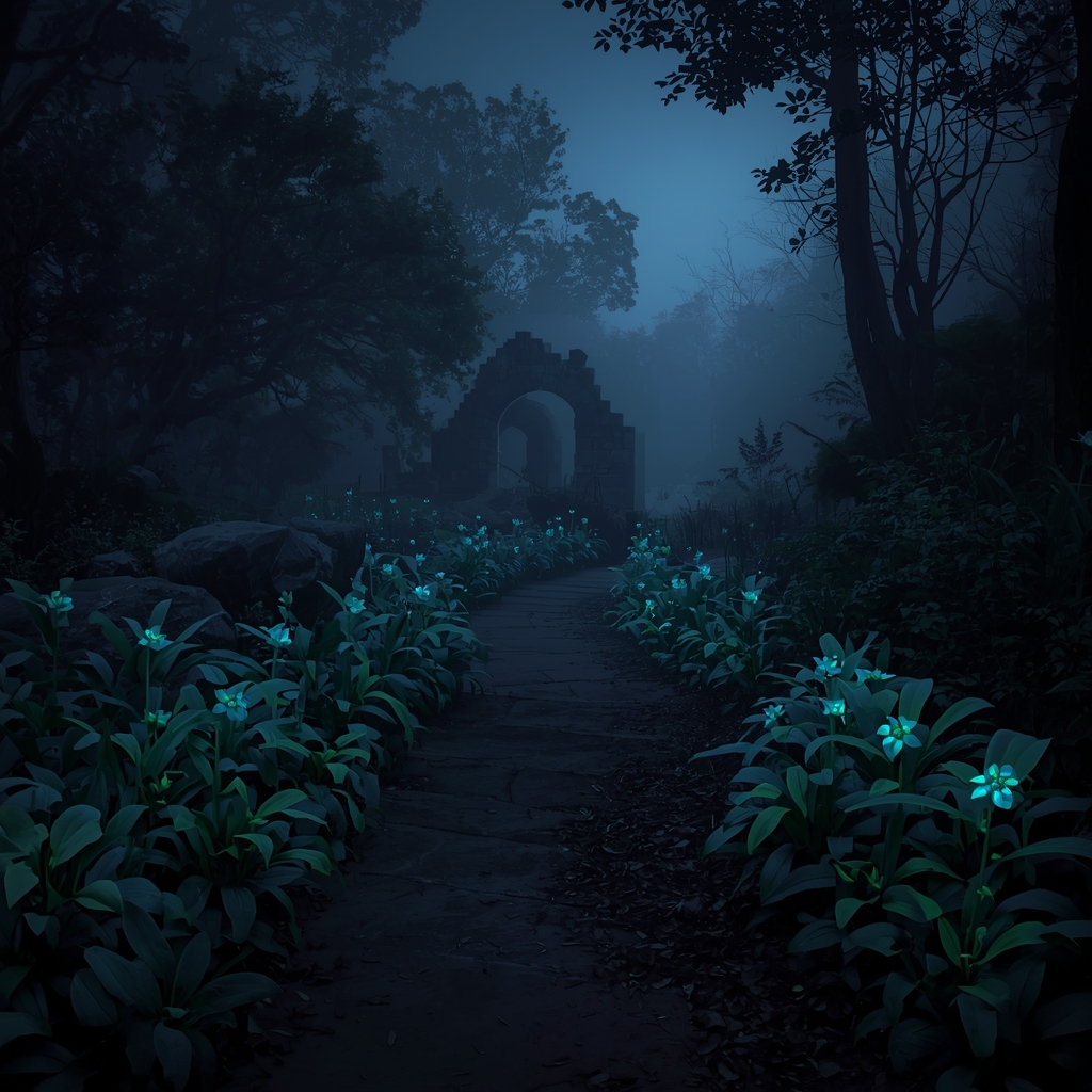 A dark, mysterious dense forest path illuminated by glowing bioluminescent deep blue and green plants, thick mist rolling in, ancient ruins in the background, fantasy adventure vibe, realistic lighting, highly detailed, empty path, no text, no people